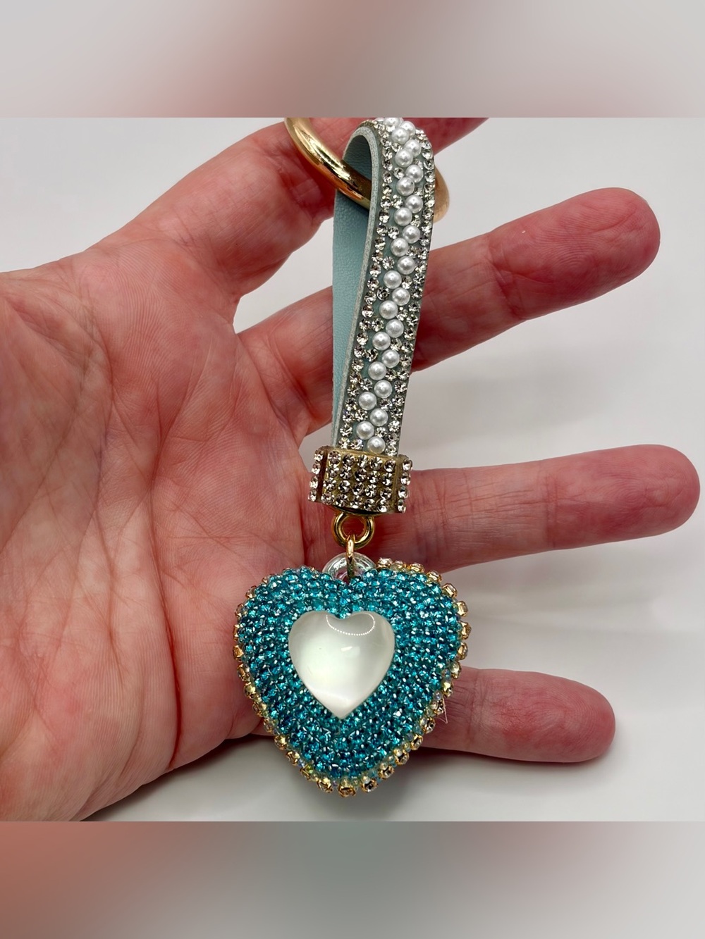 Crystal Strap Keychain with Teal Heart Charm